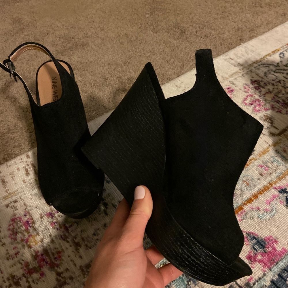 Black suede Nine West wedged heels.